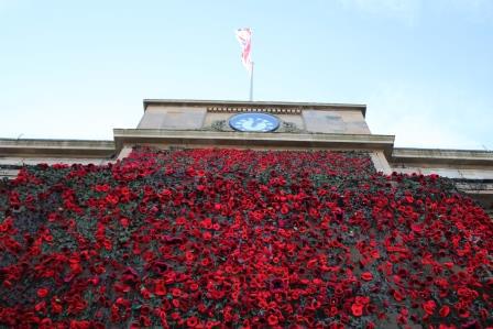 Poppies covering the front of the Town Hall building