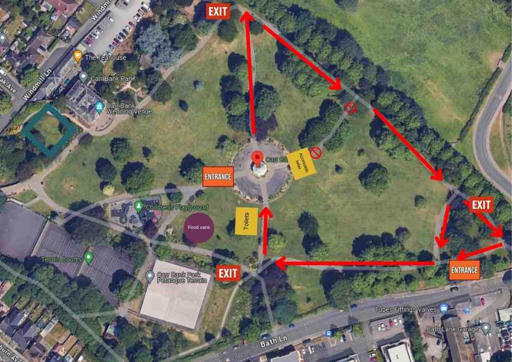 A map of Carr Bank Park, showing the direction of flow, clockwise and entrances and exits