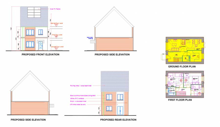 Drawing of one of the planned three-bed council homes