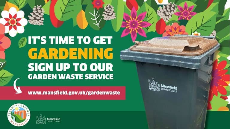 Image of a garden waste wheelie bin with the text it's time to get gardening, sign up to our garden waste service