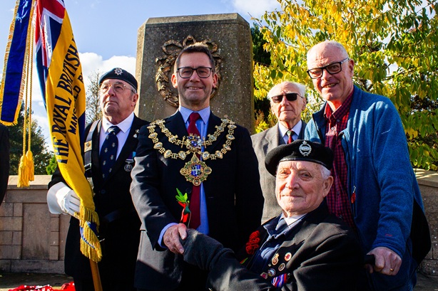 Photo of Mayor and Royal British legion members by the war memorial at the Civic Centre