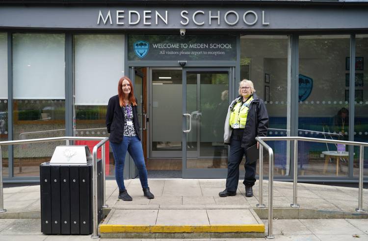 Joy Howson and Sarah Palmer in front of Meden school, for Hollie Guard workshop