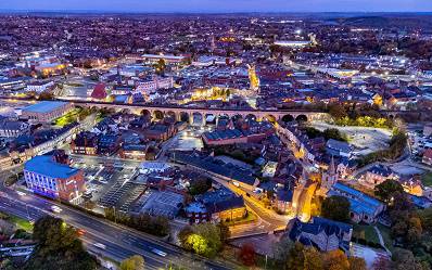 Aerial photo of Mansfield town centre at dusk