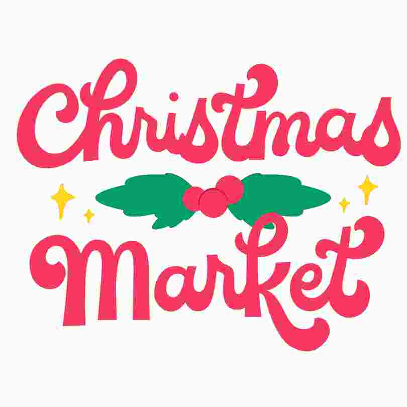Christmas market logo in red writing with holly and berry