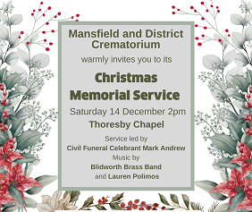 Poster advertising the Christmas Memorial service at Mansfield Crematorium on 14 December 2024