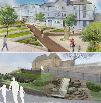 Artist's impressions of the new memorial garden behind the Old Town Hall and the new pocket park in Walkden Street