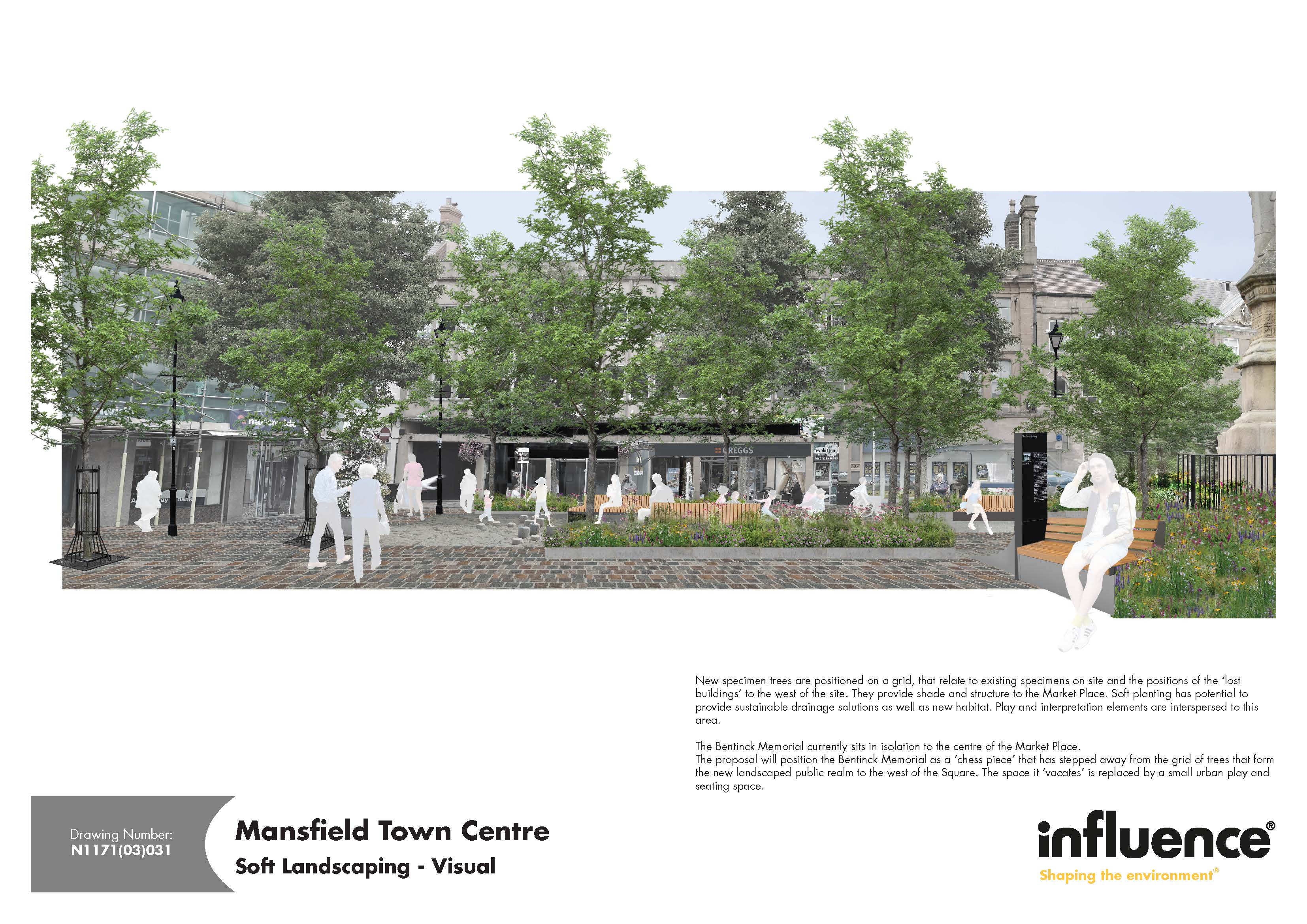 Artist impression showing new paving, planting, seating and lighting in Mansfield Market Place