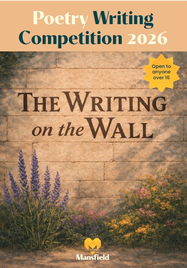 Front over of poetry competition leaflet with the work The Writing on the Wall against a picture of a brick wall and flowers