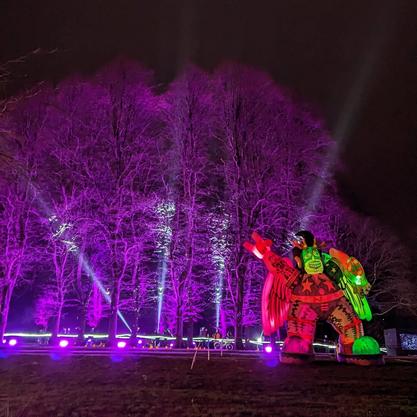 Night time image, clear dark sky with vibrant illuminated woodland.
Inflatable Jason and the Argonauts sculpture by Jason Wilsher Mills set amongst illuminated woodland at Carr Bank Park Mansfield
