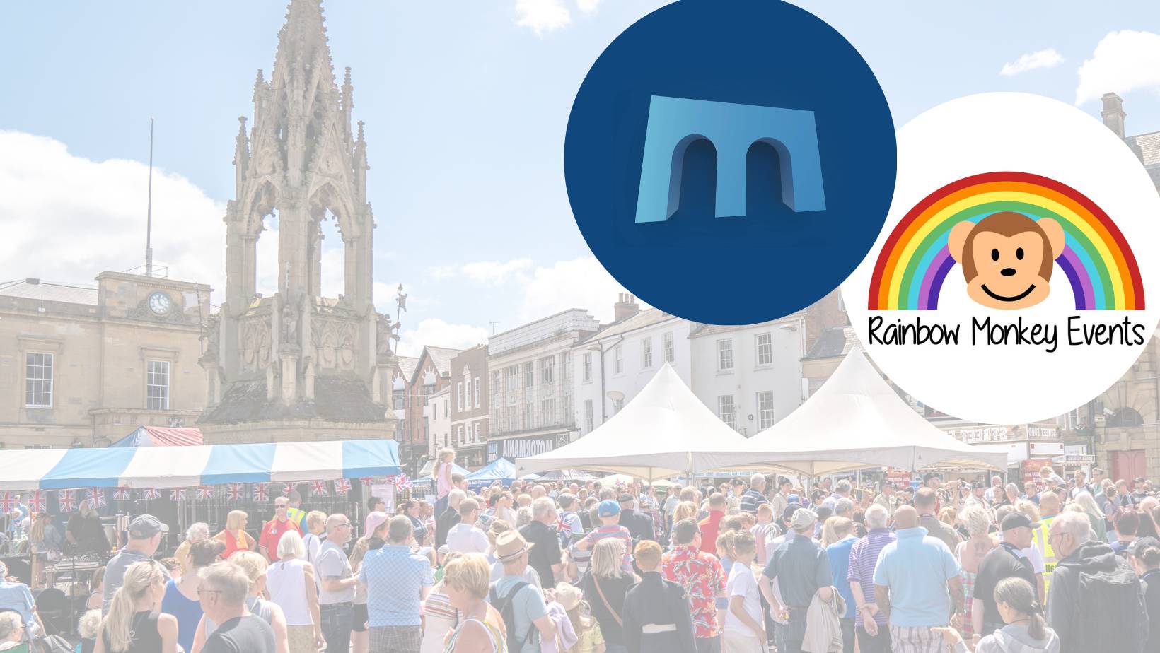 Faded image of market with BID and Rainbow Monkey events logos