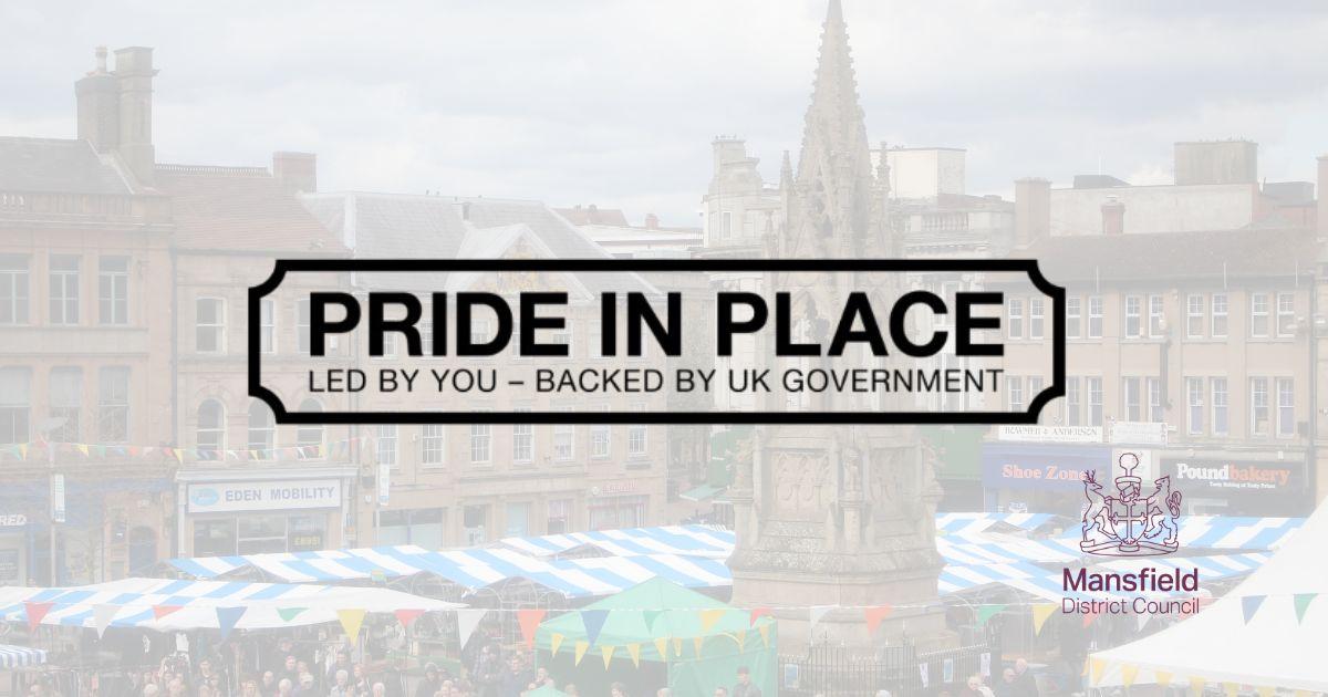 Pride in place logo against backdrop of Mansfield town centre