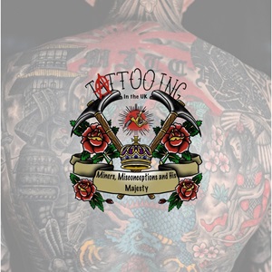 Photo of the Tattoo Exhibition logo superimposed on the back of a heavily tattooed man