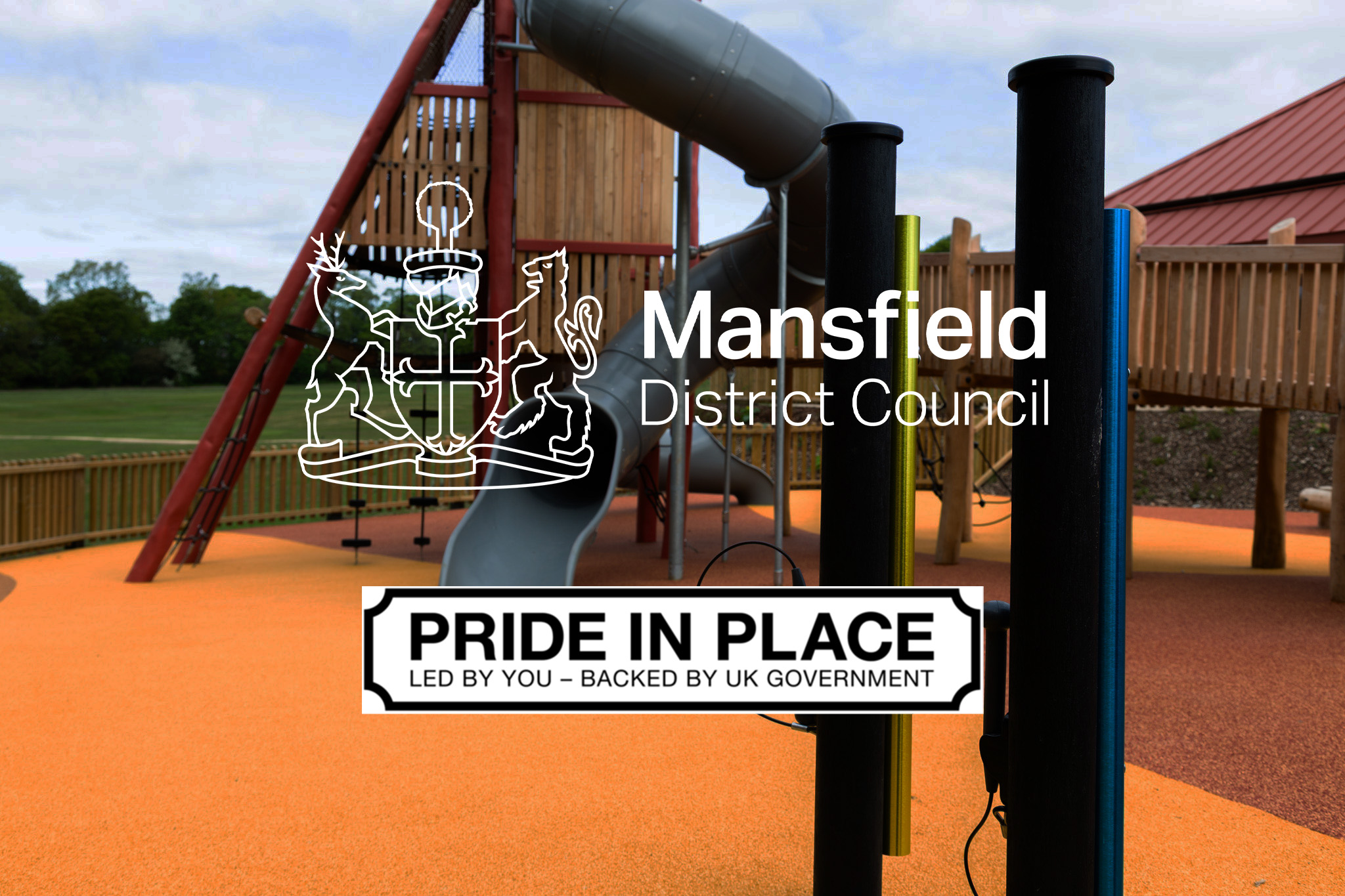 Picture of a Mansfield park with logo and Pride in Place logo on top