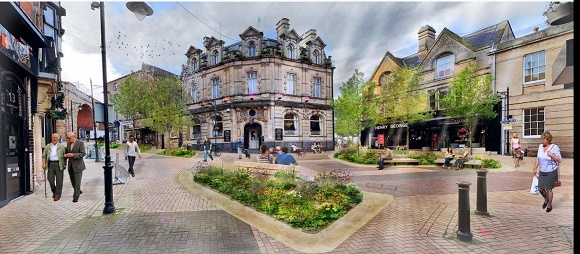Artist impression of rain capture gardens in Mansfield town centre