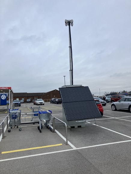 Photo of solar powered CCTV camera in the car park at Tesco in the Oak Tree Lane area