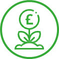 Icon showing a flower with the head being the pound sterling symbol to rempresent growth