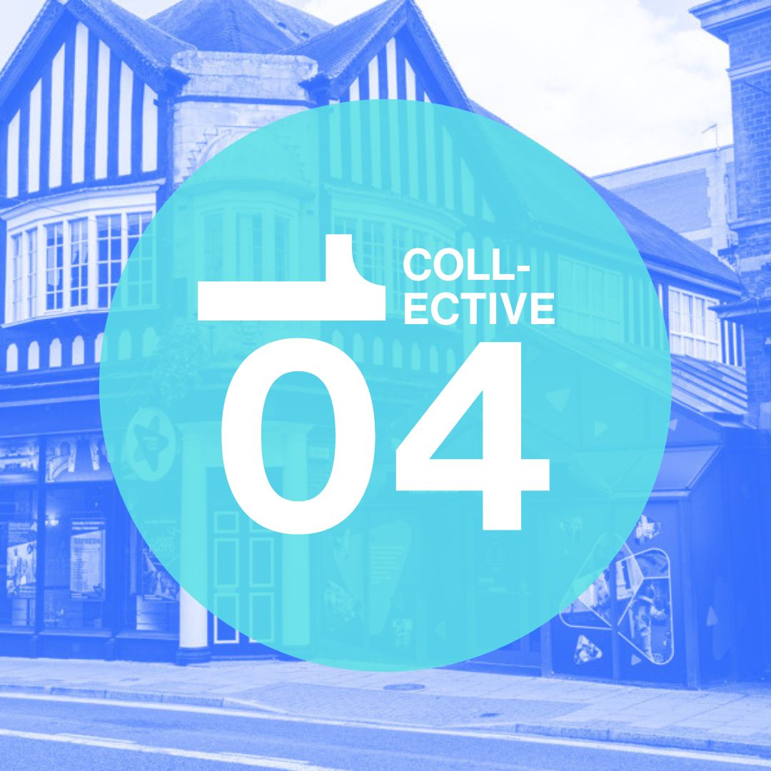 This image shows a edited photo of Mansfield Museum and Mansfield Palace Theatre in vivid blue. The 0410 logo covers the front of the image its a turquoise blue circle with stylised white text reading 0410 Collective