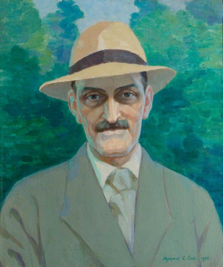 A watercolour portrait of an elderly man in a panama hat