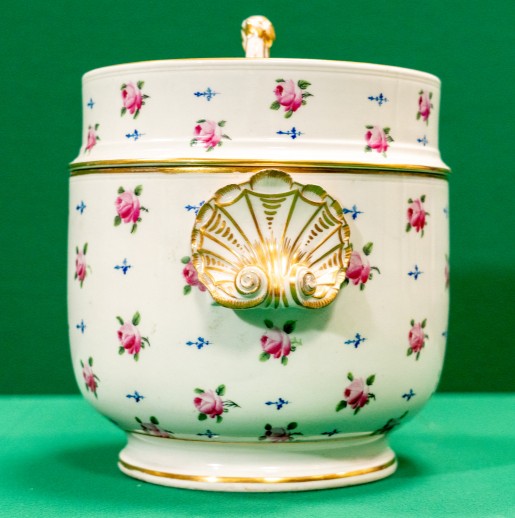 Ceramic ice pail, with lid, decorated with tiny roses
