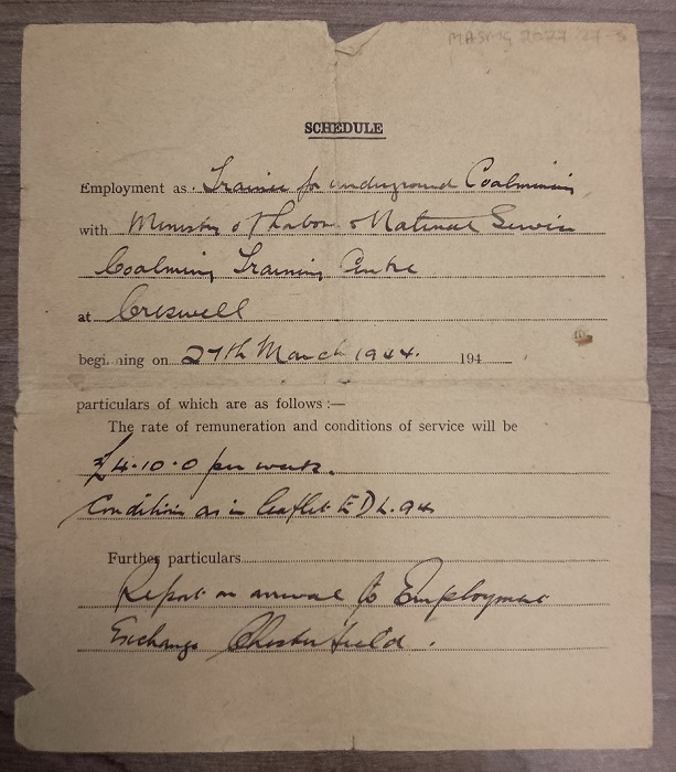An official form assigning W Cunnington to training for underground mining