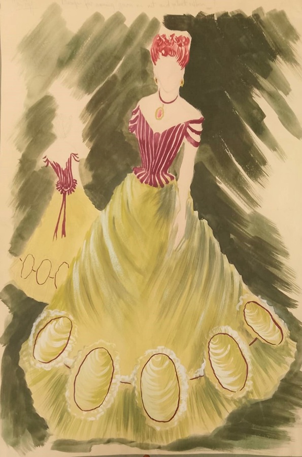 A costume design for an elaborate dress