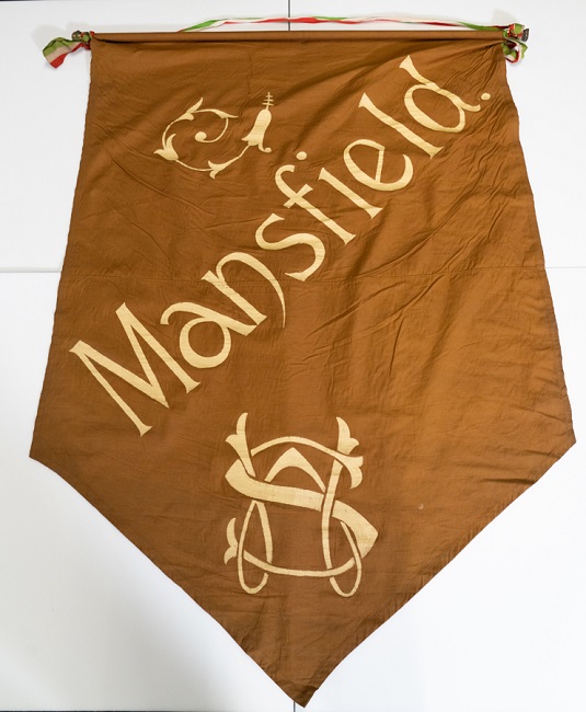 A large pennant-shaped banner