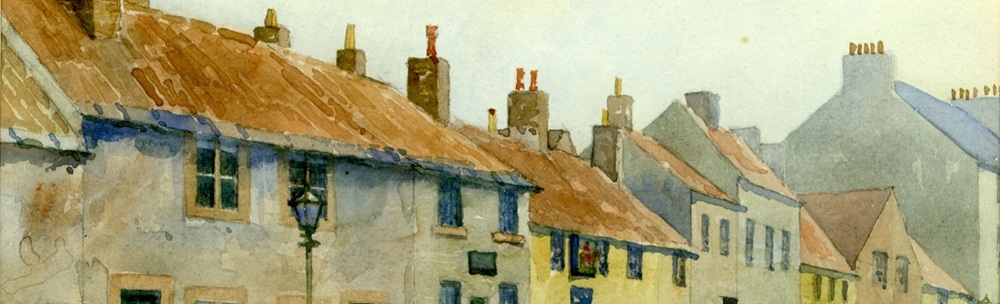 Detail of a watercolour of a row of houses