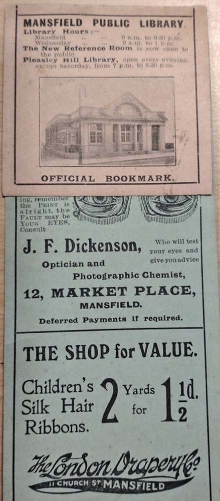 The front of a bookmark, with a tab showing Mansfield Public Library at the top