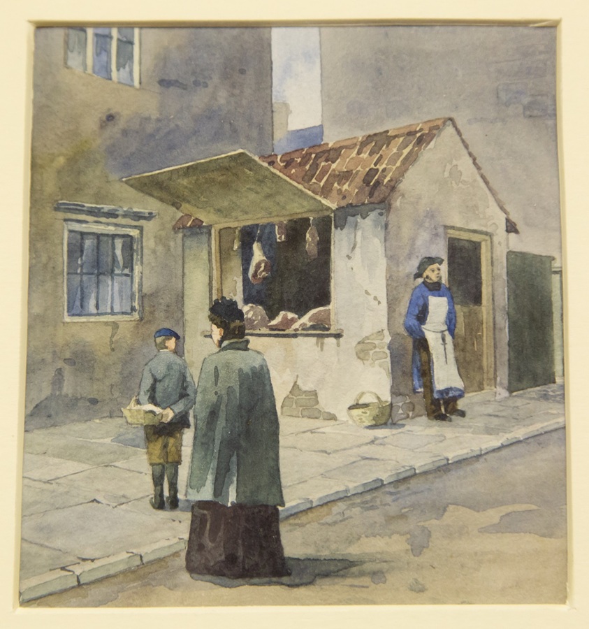 Watercolour painting of people gathered outside a kiosk selling meat