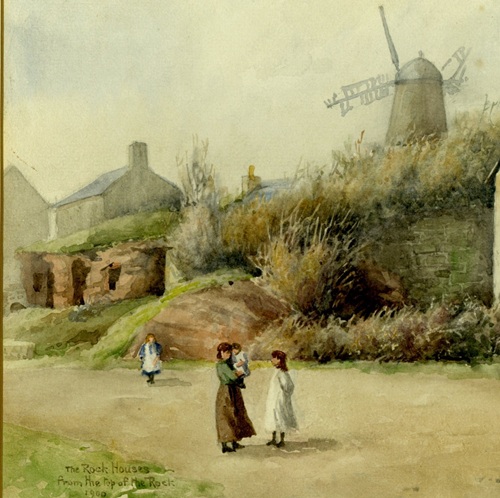 Detail of a watercolour with figures chatting in front of caves, buildings and a windmill