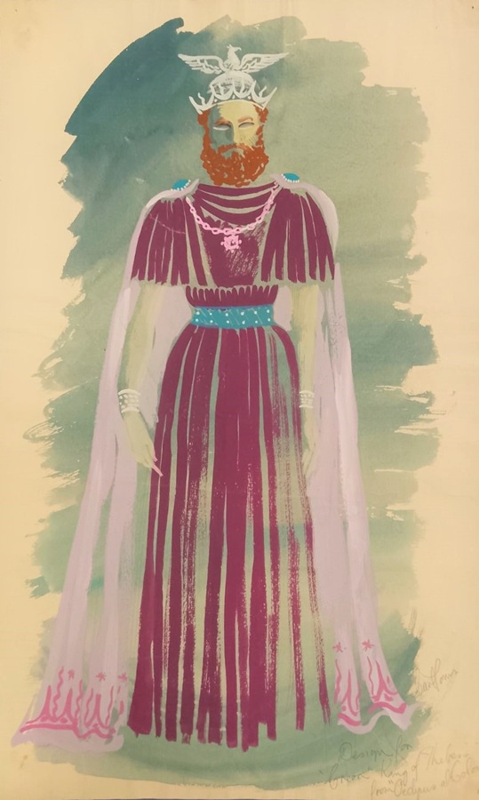 Costume design for a regal figure in robe, cloak and diadem