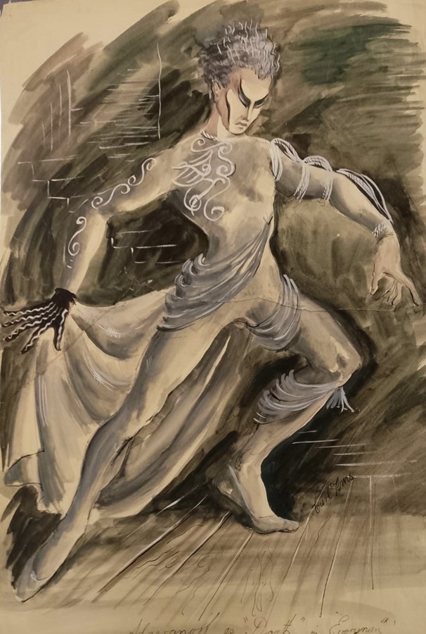 Costume for a male ballerina with striking black and white outfit and makeup