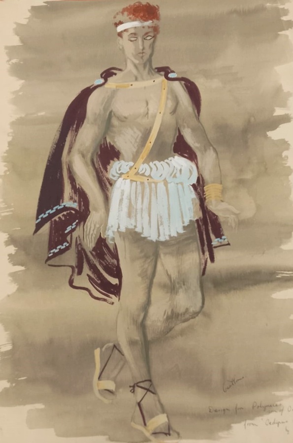 Costume design for a youth in sandals, short skirt, and cloak