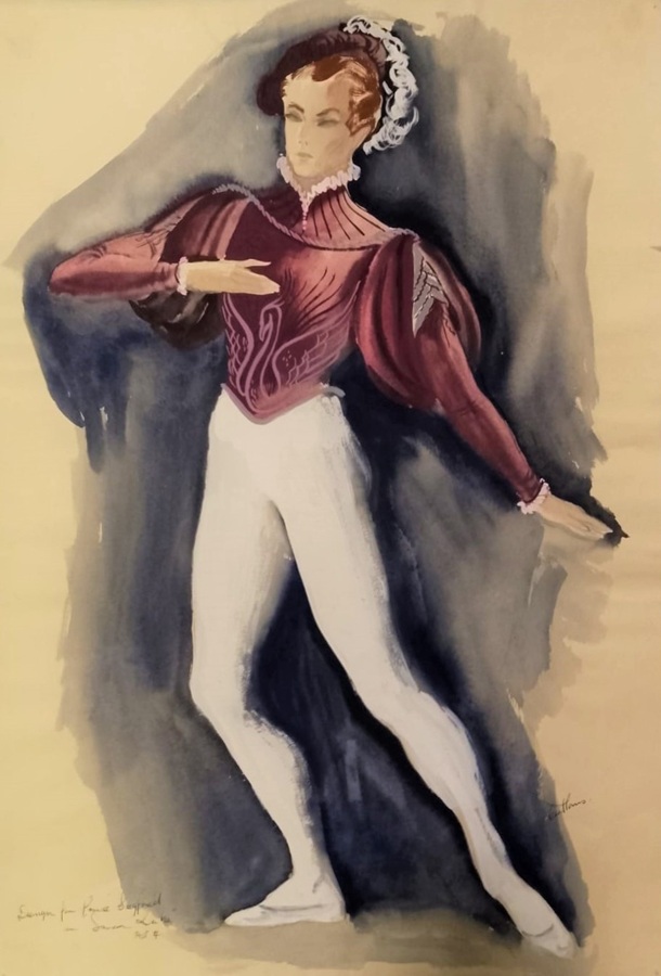 Costume design for a male ballerina wearing white tights with red velvet jacket and hat