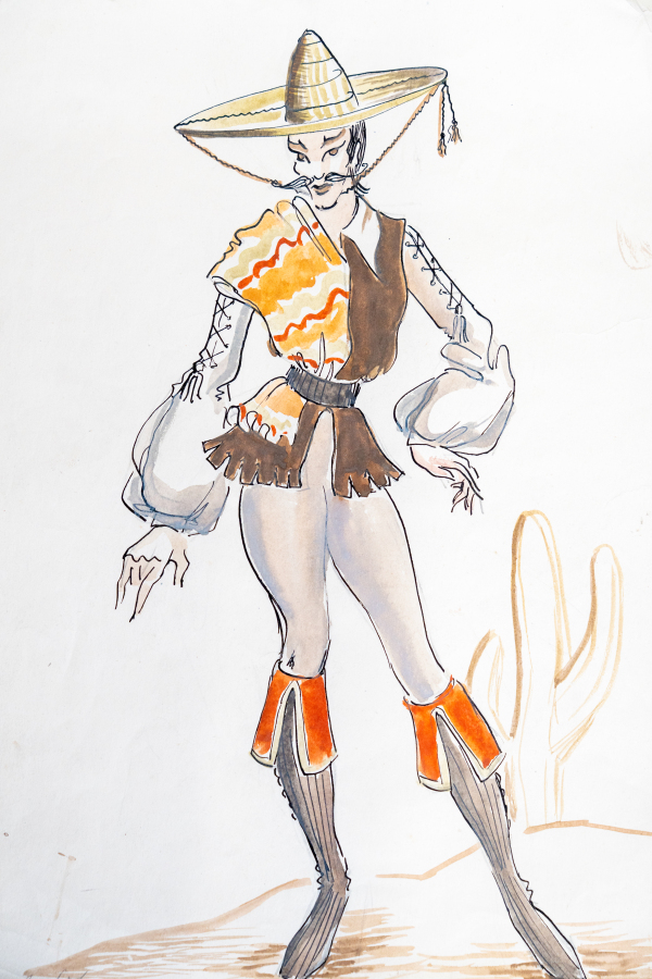 A costume design for a character wearing a sombrero