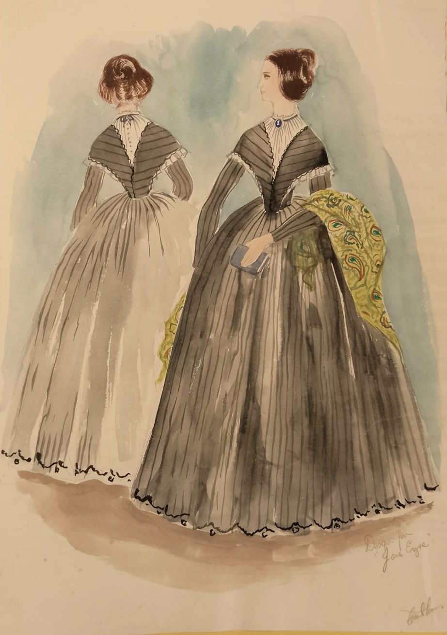 Costume design for a full, black dress, shown from both front and back