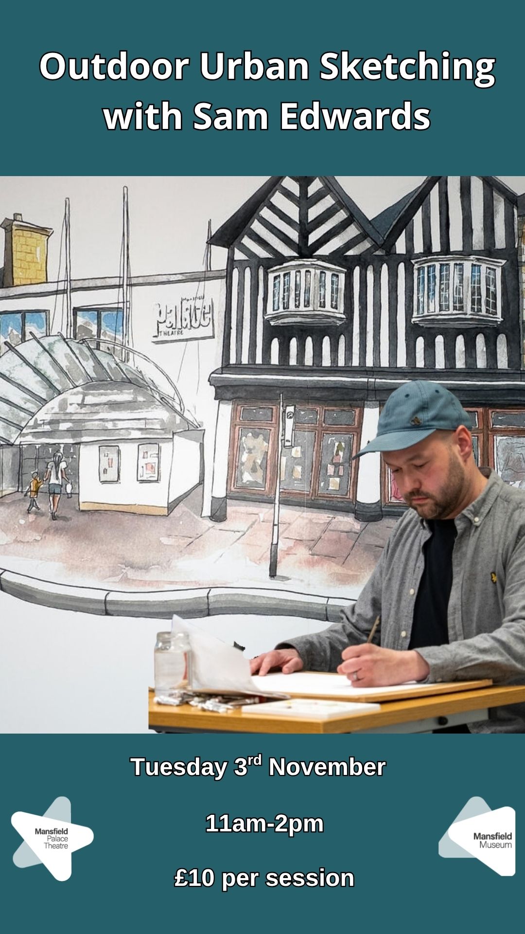 Artist painting a watercolour in front of his own watercolour painting of Mansfield Palace Theatre