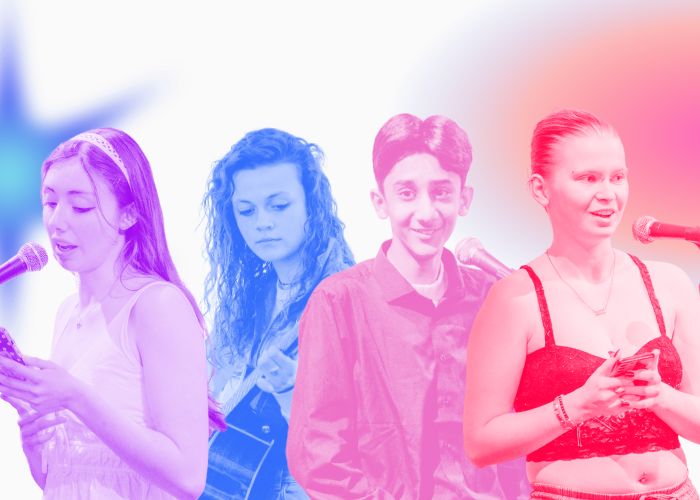 Four young people, standing infront of a white background. Each person has a filter over them. From left to right, Purple, Blue, Pink and Red