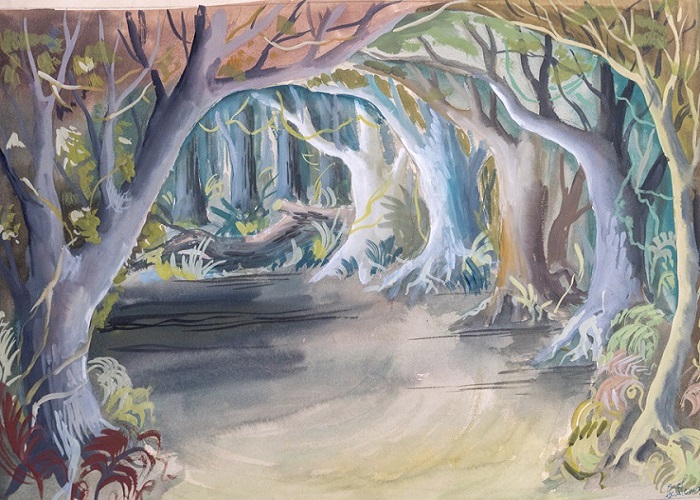 A watercolour set design for a play, showing a woodland clearing