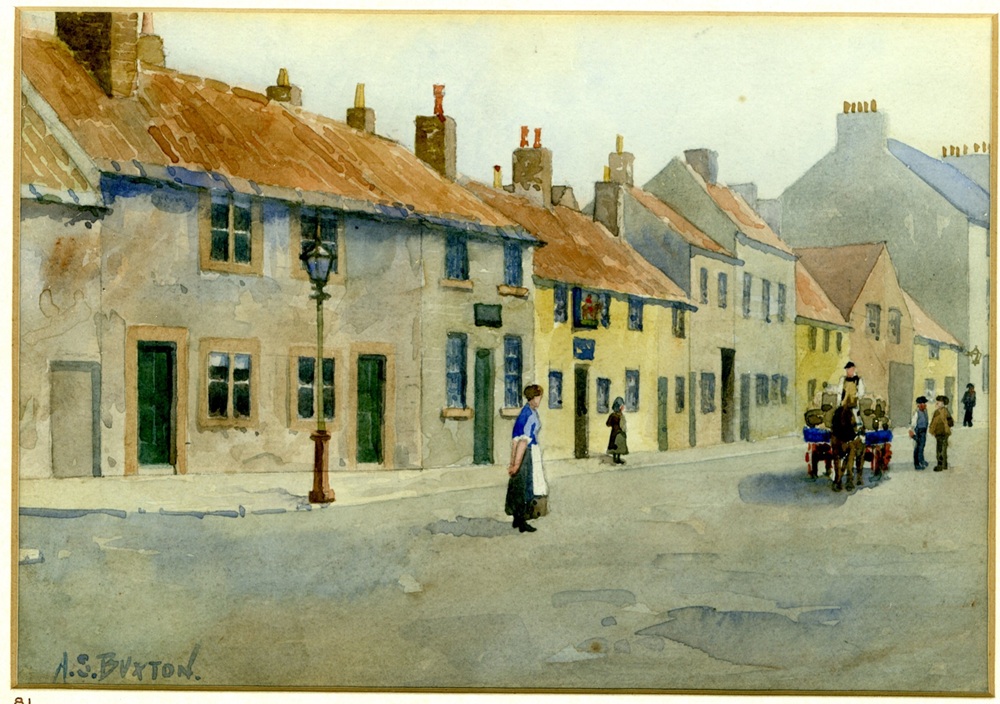 Watercolour painting showing a row of houses, with a few people in Victorian dress in the street in front