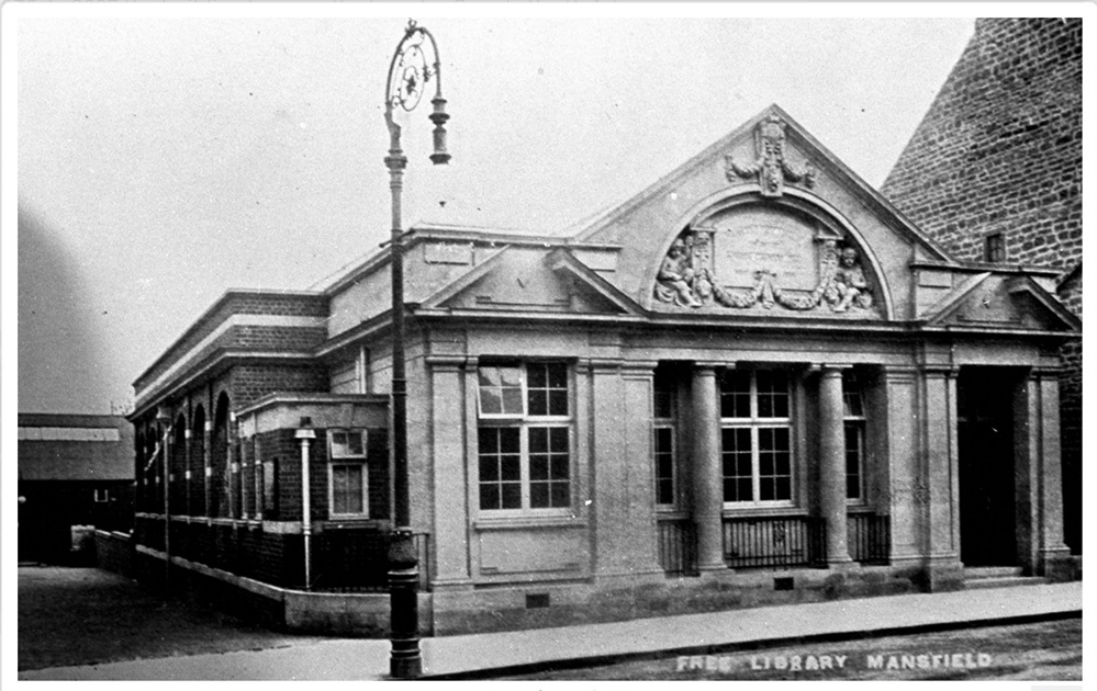 A black and white photograph of the front of Mansfield Old Library