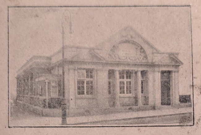 A faded print of a drawing of the front of Mansfield old library