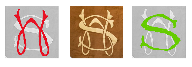 A monogram, with separate pictures highlighting each of the letters