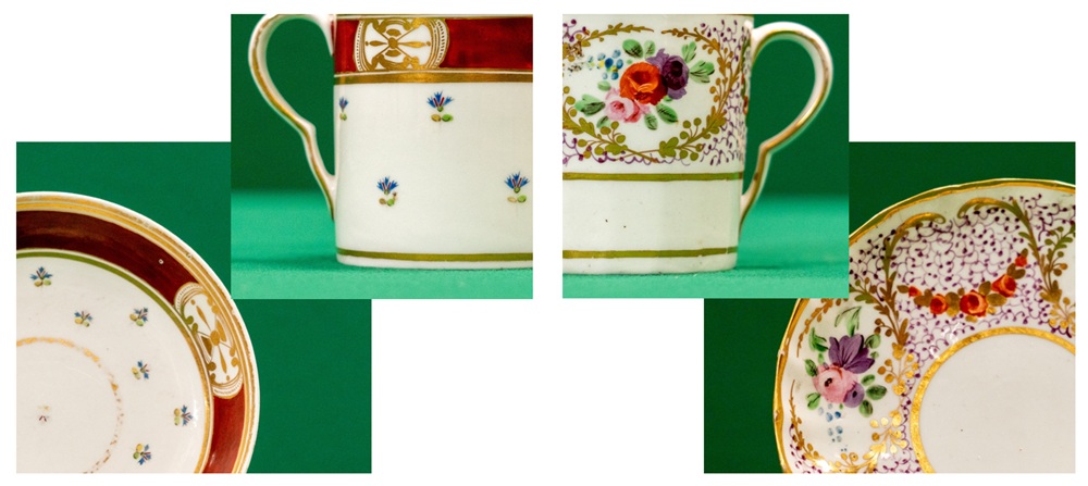 Details of two coffee cans and matching saucers