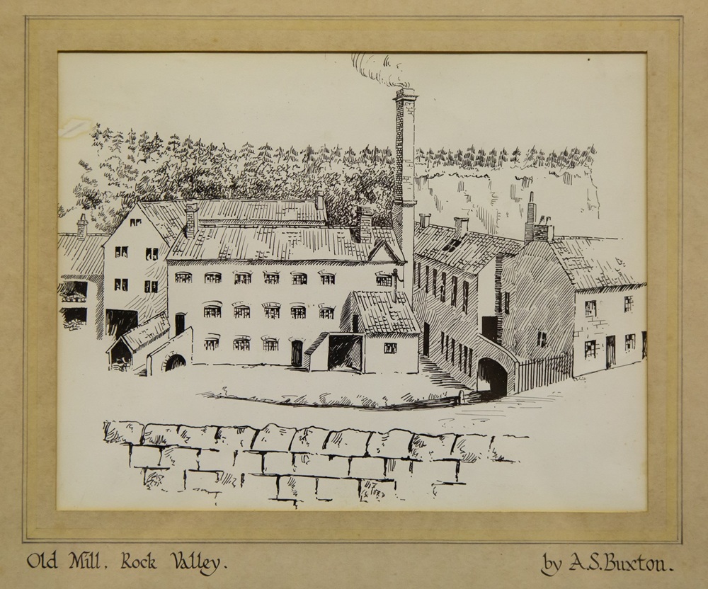 Ink drawing of a mill building