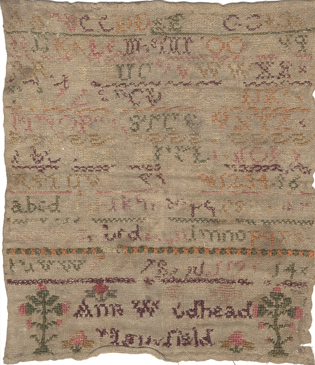 A cross stitch embroidery worked in multi-coloured threads showing alphabet, digits, and small pictures of plants