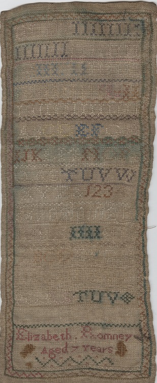 A long, narrow, cross stitch embroidery showing letters and digits