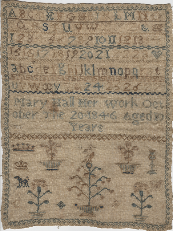 A cross stitch embroidery worked in multi-coloured threads, showing alphabets, digits, and small images of plants