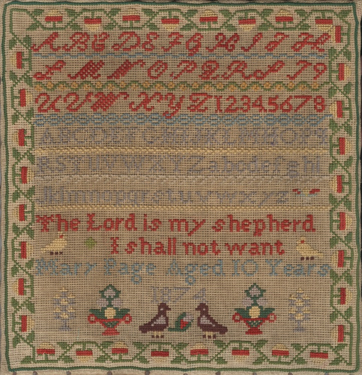 A square embroidery, worked in multi-coloured thread, with alphabet, digits, a religious motto, and small images of birds and lamps
