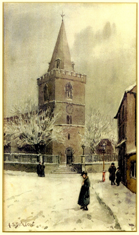 Watercolour painting of a church in winter